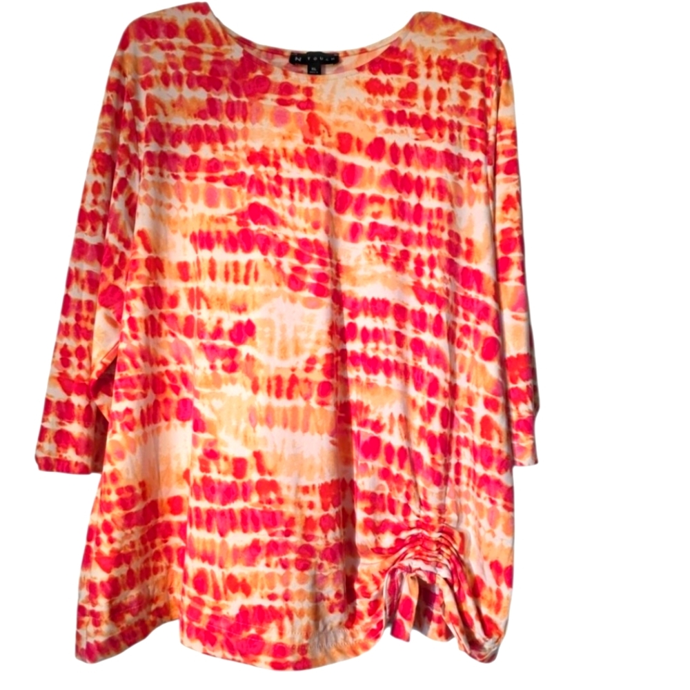 N Touch Beach Breeze Tie Dye 3/4 Sleeve Top in Pink and Orange XL EUC Ruched